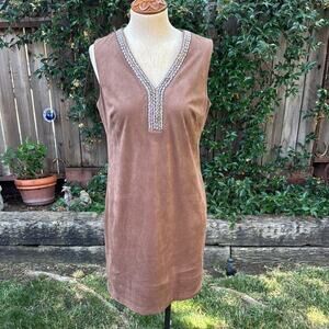 Jessica Howard Brown Faux-Suede Shift Dress w embellished V neck Size 6 P Petite